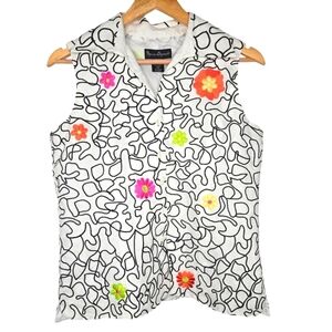 Mercer & Madison Womens Boho Artsy Embroidered Floral Linen Vest Size Medium